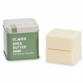 Olive Care Shea butter bar soap set for men with green tin container on a white background